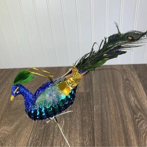Peacock Blue Green Clip-on or Hanging Ornament with Feather Christmas 11"